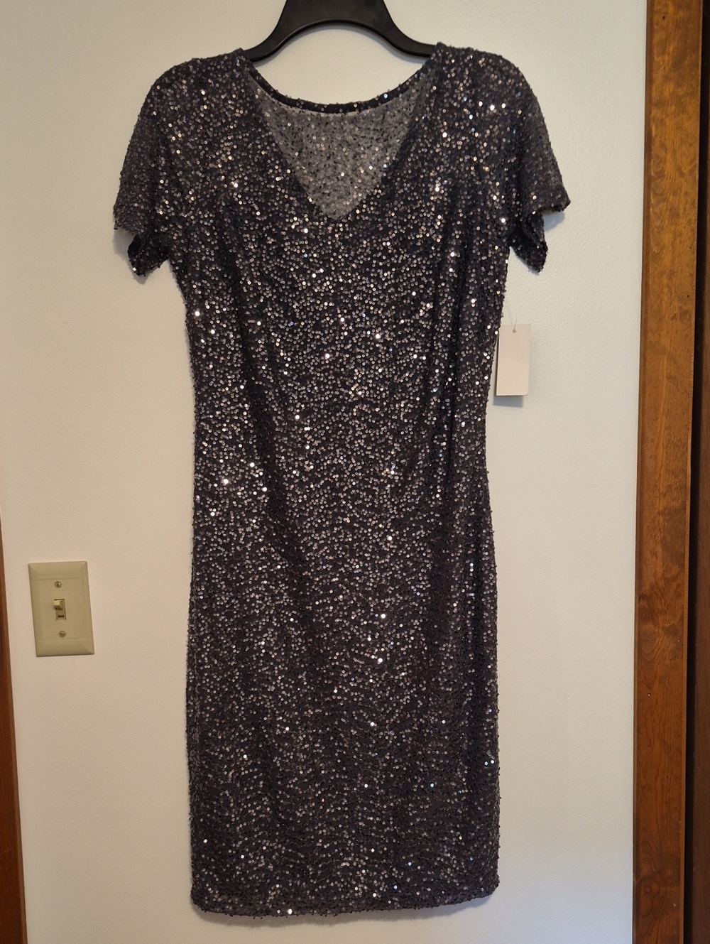 NWT Candalite Women's Short-Sleeve Sequin Sheath Dress in Charcoal SZ S